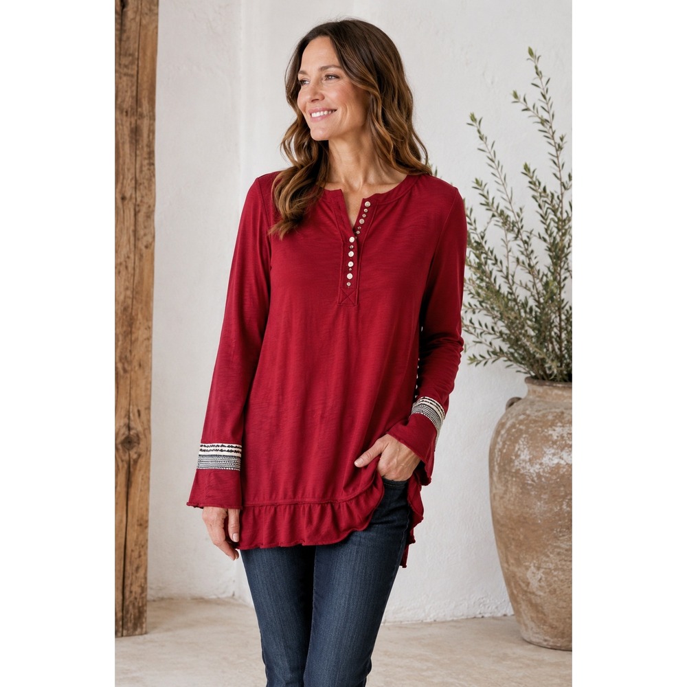 Soft Surroundings Red Tunic Top L Boho Romantic Peasant Cottagecore